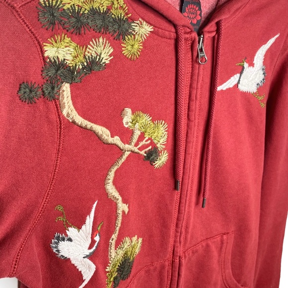 VHTF: Y2K Lucky Brand ☘︎︎ Asian Crane Embroidered Zip Hoodie ☘︎︎ Ruby Red ☘︎ ︎M - Picture 9 of 16